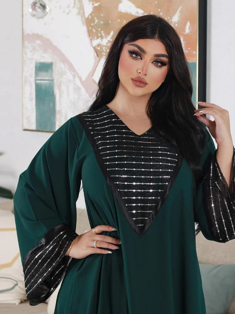 Fashion Sequins Black Mesh Patchwork Dubai Abaya Elegant Casual Full Sleeve V-Neck Long Dress Women Muslim