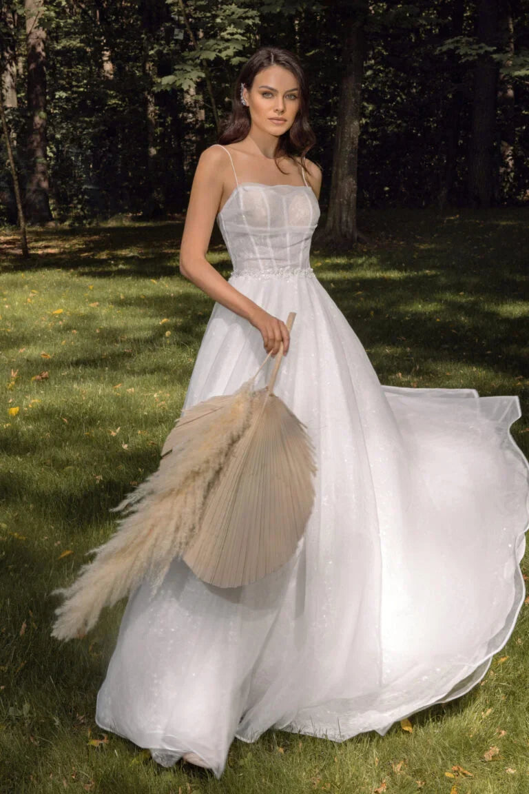 Timeless A-Line Wedding Dress with Spaghetti Straps, Straight Across Neckline, and Elegant Button Detailing