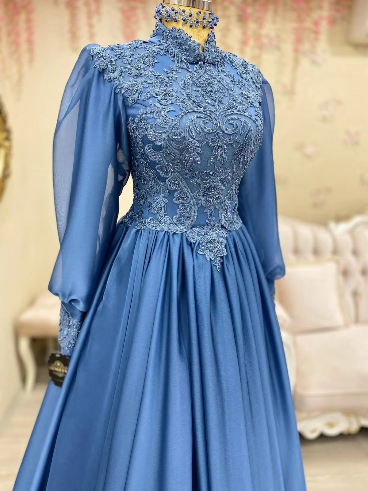 Elegant Blue Evening Dresses for Women Vestidos De Boda Invitada A-Line Lace Beaded Long Sleeves Muslim Formal Party Prom