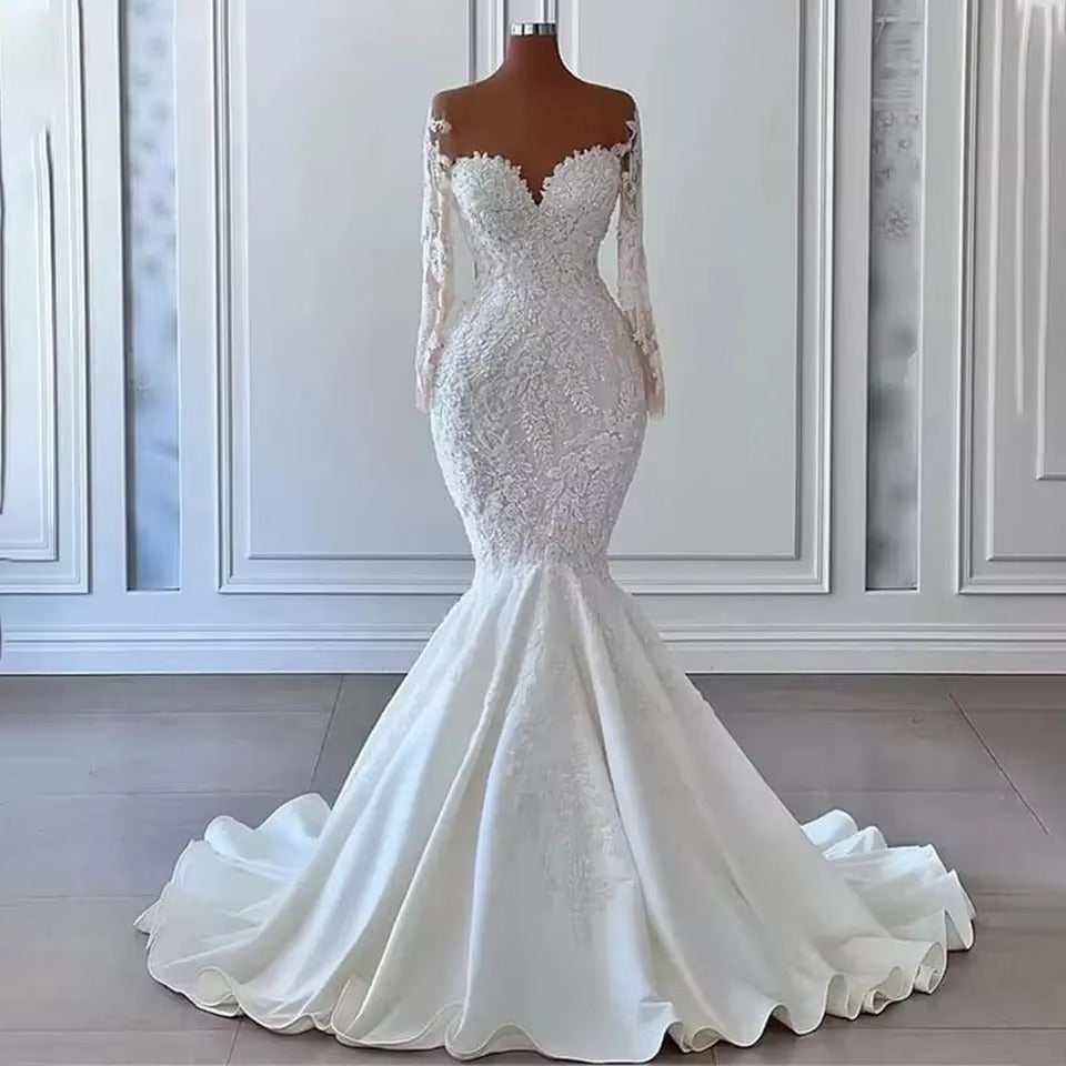 Chic Mermaid Wedding Dresses Women Elegant Sheer Long Sleeved Bridal Gowns Lace vestidos de novia Second Reception Dress