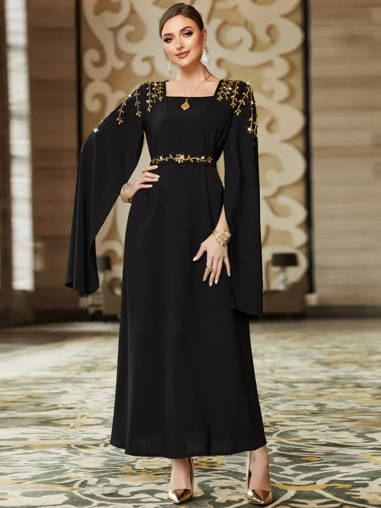 Dubai Fashion Chic Pure Handwork Diamonds Evening Party Gown Super Long Sleeve Square Collar Belted Dress Arab Robe