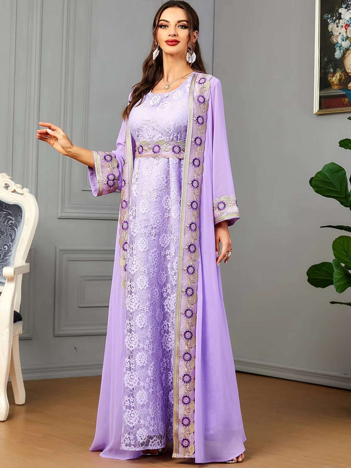 Moroccan 2 Piece Abaya Set Jilbabs For Woman Chic Purple Chiffon Lace Tape Belted Arabic Gown Ramadan Musulmane Caftan