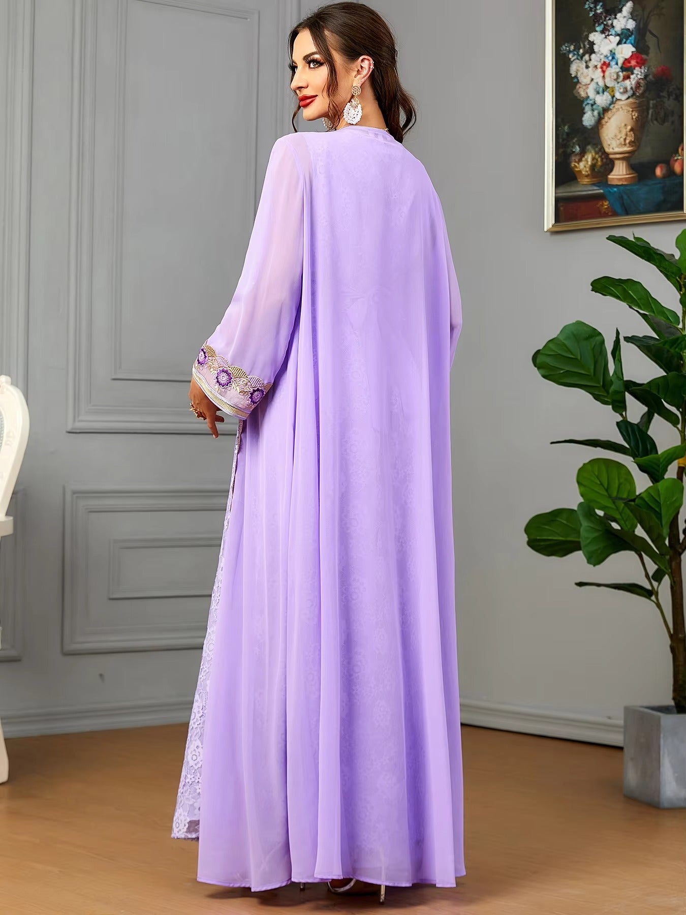 Moroccan 2 Piece Abaya Set Jilbabs For Woman Chic Purple Chiffon Lace Tape Belted Arabic Gown Ramadan Musulmane Caftan