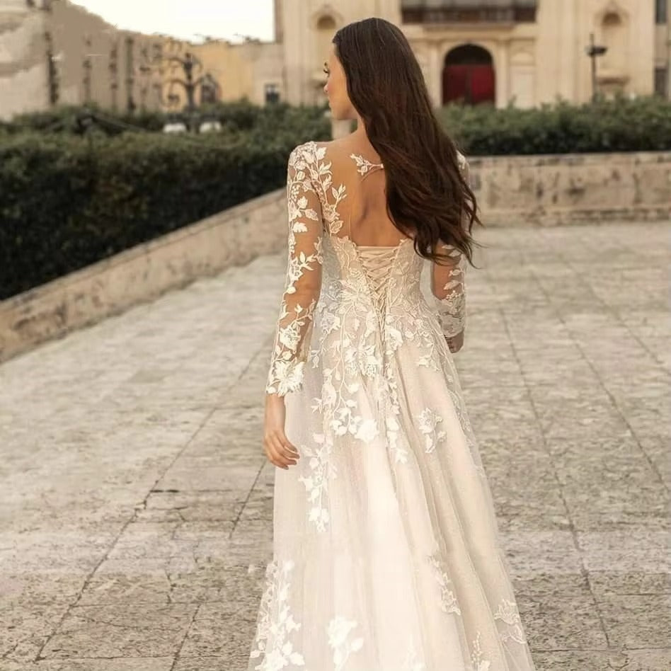 Modern Charming Scoop Neck A-Line Tulle Wedding Dresses Vintage Lace Up Appliques Bride Gowns Elegant Long Sleeve Robe De Mariee