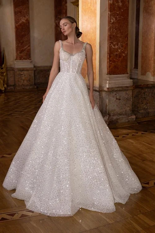 Glitter Sweetheart Wedding Dresses Sequin Lace Up Sleeveless Court Train Bridal Gown