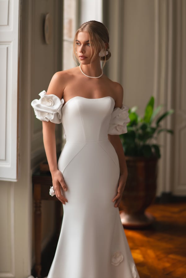 Wedding Dresses Short Sleeve 3D Flower Mermaid Bridal Dress Satin Classy Women Brides Dress Customized Bride Gown