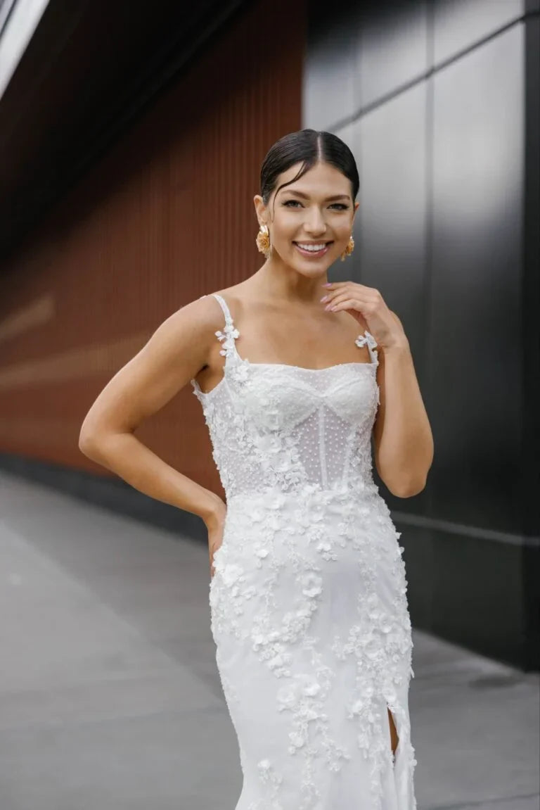 Fancy Square Collar Wedding Dress Zipper Trumpet Slit Chapel Train Tulle Sleeveless Abito Da Sposa Customized Plus Size