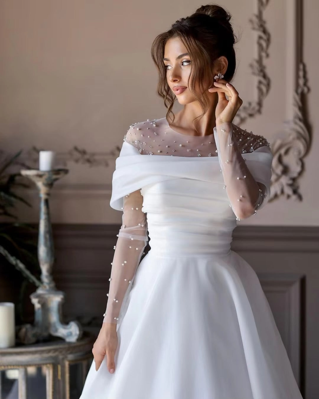 Elegant A line Wedding Dresses Illusion O Neck Long Sleeves Pearls Beads Detail designer Bridal Gowns Custom De Mariee