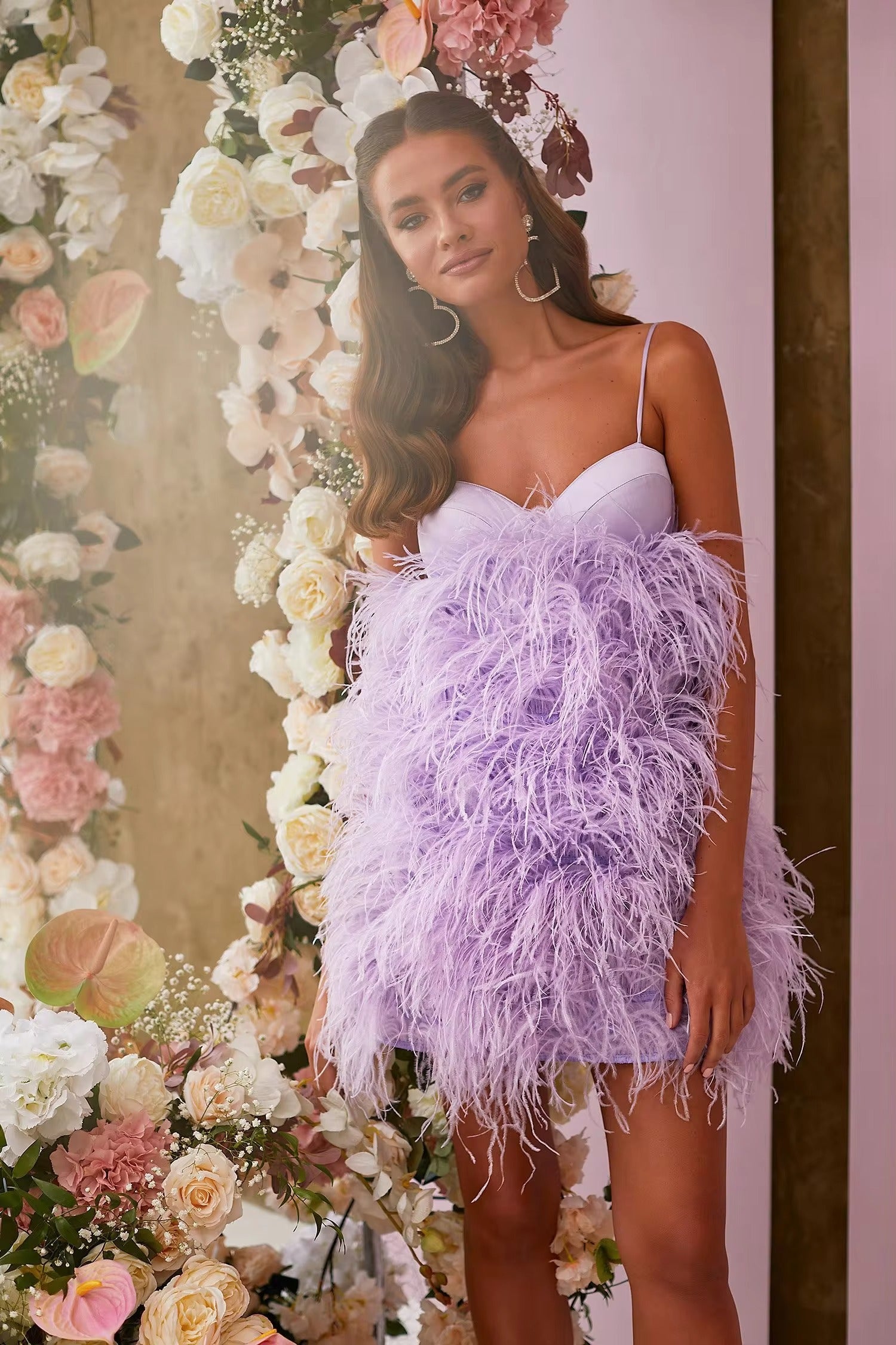 Lilac Ostrich Feather Prom Dress Sexy Spaghetti Straps Luxury Short Mini Cocktail Dress Hot Pink Birthday Party Gown RM092