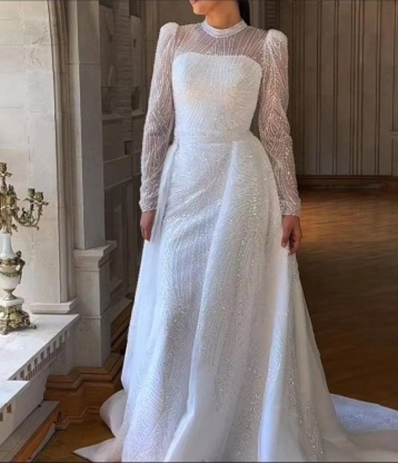 Elegant White Muslim Lace Wedding Dresses Long Sleeve HIGH Neck Shoulder Pad Evening Gowns Sheer See Through Islamic Dress Bride