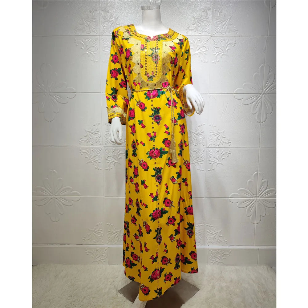 Moroccan Muslim Abaya Floral Print Women Long Maxi Dress Turkey Arab Dubai Eid Party Femme Ramadan Kaftan Jalabiya Vestidos Gown 02 Yellow