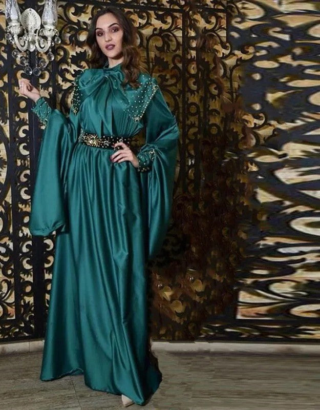 Moroccan Kaftan Evening Dresses Arabic High Neck Beaded Pearls Long Sleeves Satin Muslim Prom Gown Party vestido de festa