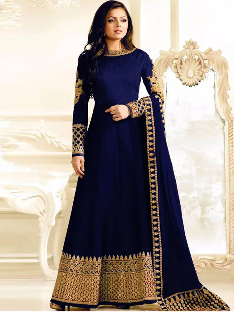 Navy Blue Dubai Arabic Caftan Evening Dresses Gold Embroidered Long Sleeves Moroccan Kafan Formal Party Gowns Suit navy blue