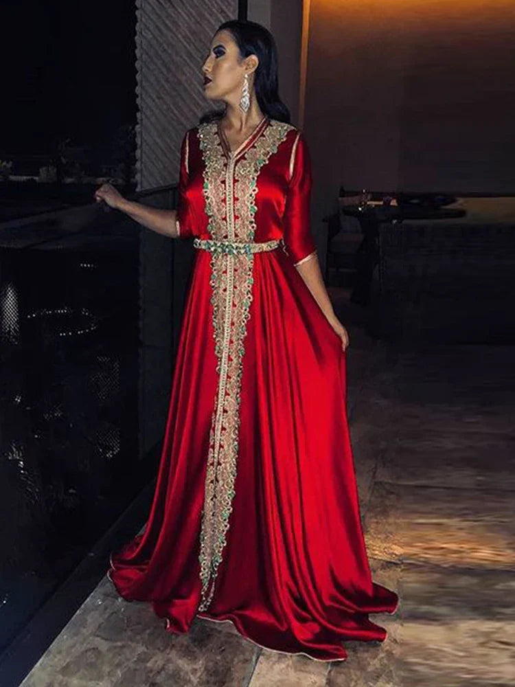 Red Muslim Evening Dress Satin Moroccan Kaftan Gold Lace Half Sleeve Saudi Arabic Special Occasion Party Dress Custom Made Red