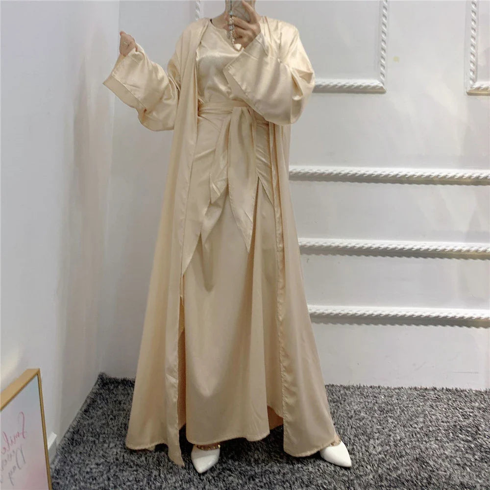 Muslim Women Open Abaya Satin 3/4 Piece Suits Arabic Turkish Party Evening Outfits Kimono+Wrap+Dress Set Islamic Caftan Vestidos Beige Without Scarf