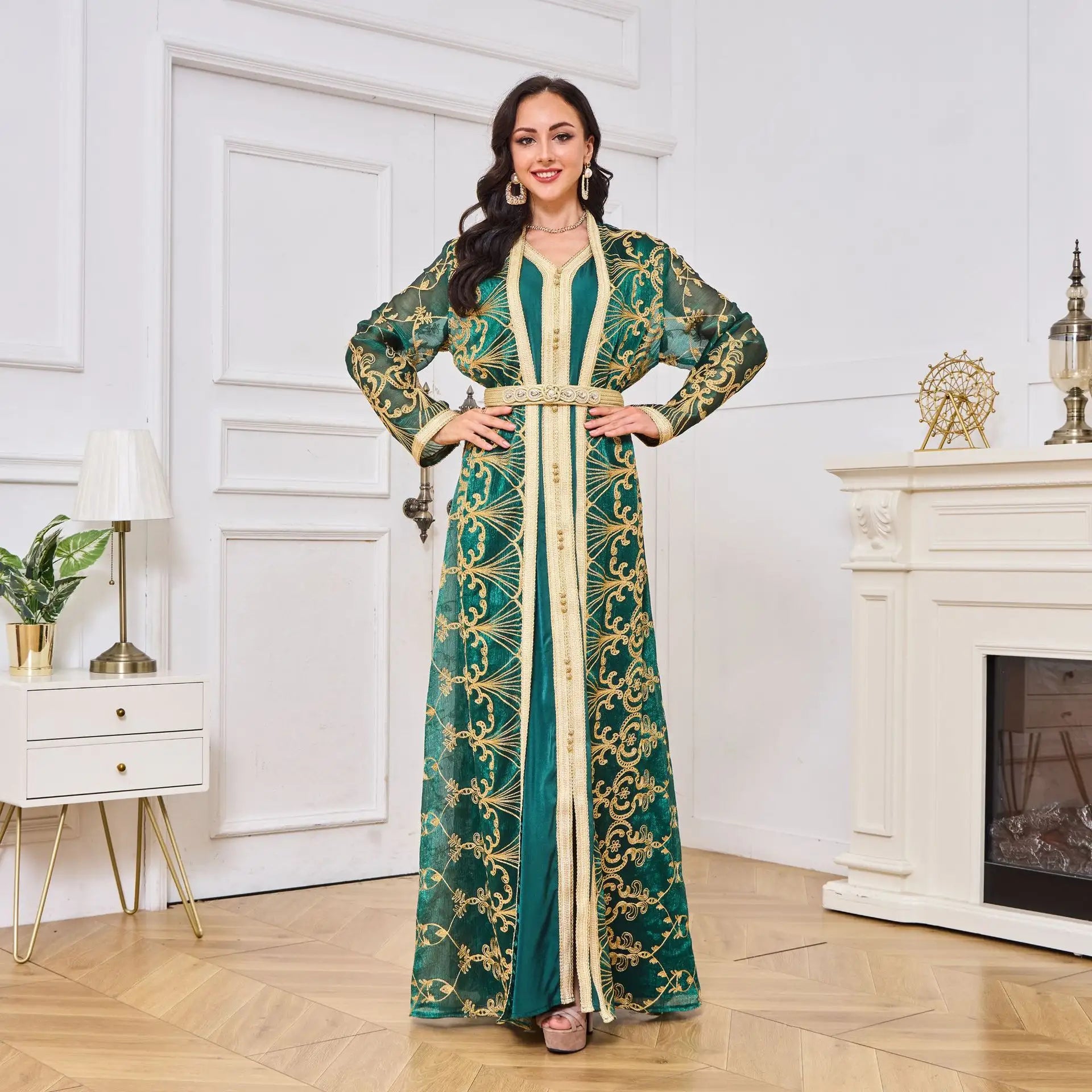 Moroccan Abaya Woman Muslim Dubai Luxury Mesh Belt Embroidery Kaftans 2 Piece Suit Islamic Long Dresses