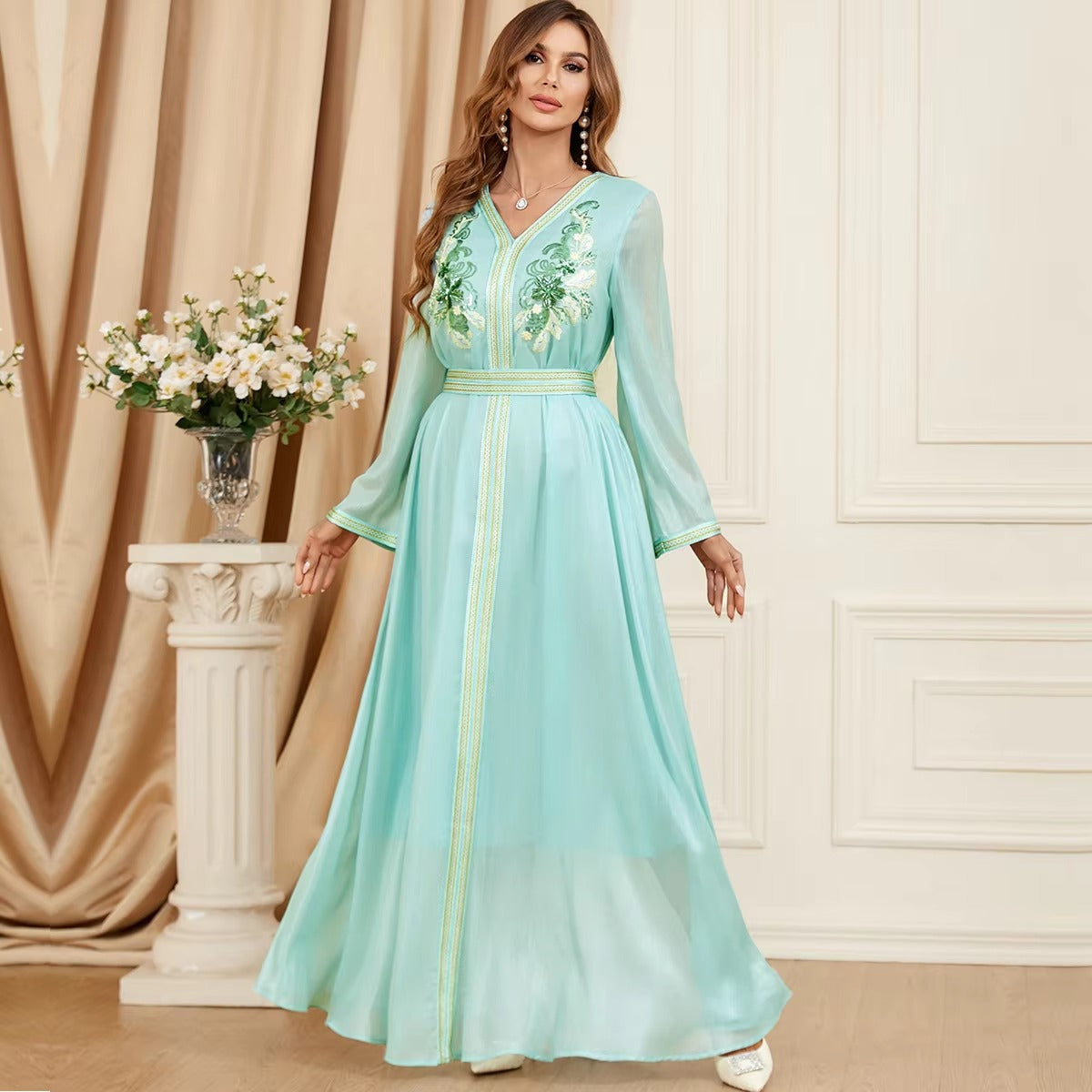 African Dubai Islamic Dress For Woman Evening Party Chic Sequins Full Sleeve V-Neck Belted Gown Jalabiya Moroccan Abaya