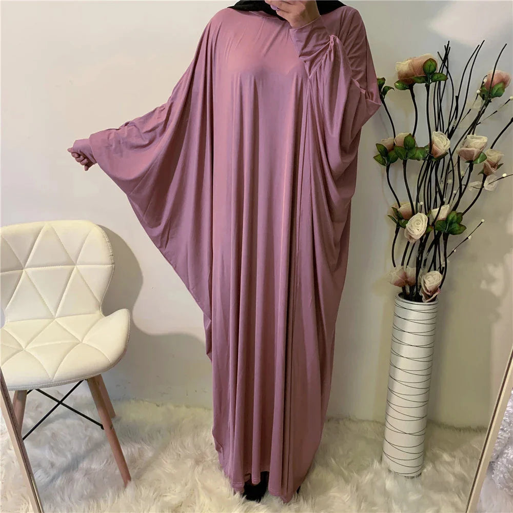 Ramadan Plain Abaya Prayer Long Dress Muslim Women Batwing Sleeve Free Size Hijab Robe Jilbab Islamic Dubai Saudi Modest Kaftan dusty purple abaya One Size