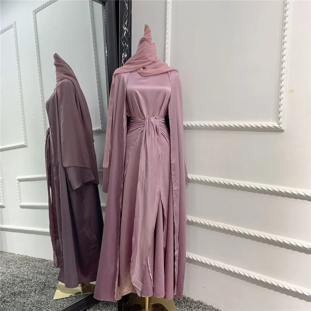 Muslim Women Open Abaya Satin 3/4 Piece Suits Arabic Turkish Party Evening Outfits Kimono+Wrap+Dress Set Islamic Caftan Vestidos Purple With Scarf