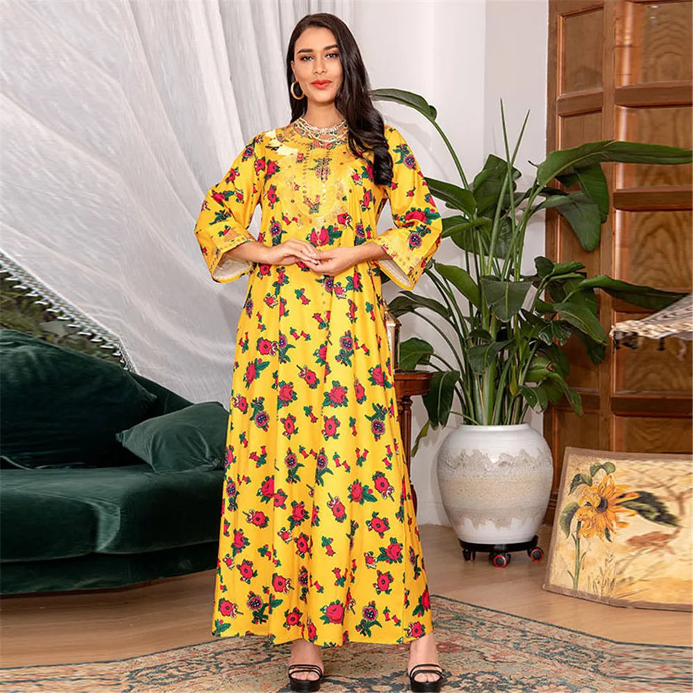 Moroccan Muslim Abaya Floral Print Women Long Maxi Dress Turkey Arab Dubai Eid Party Femme Ramadan Kaftan Jalabiya Vestidos Gown