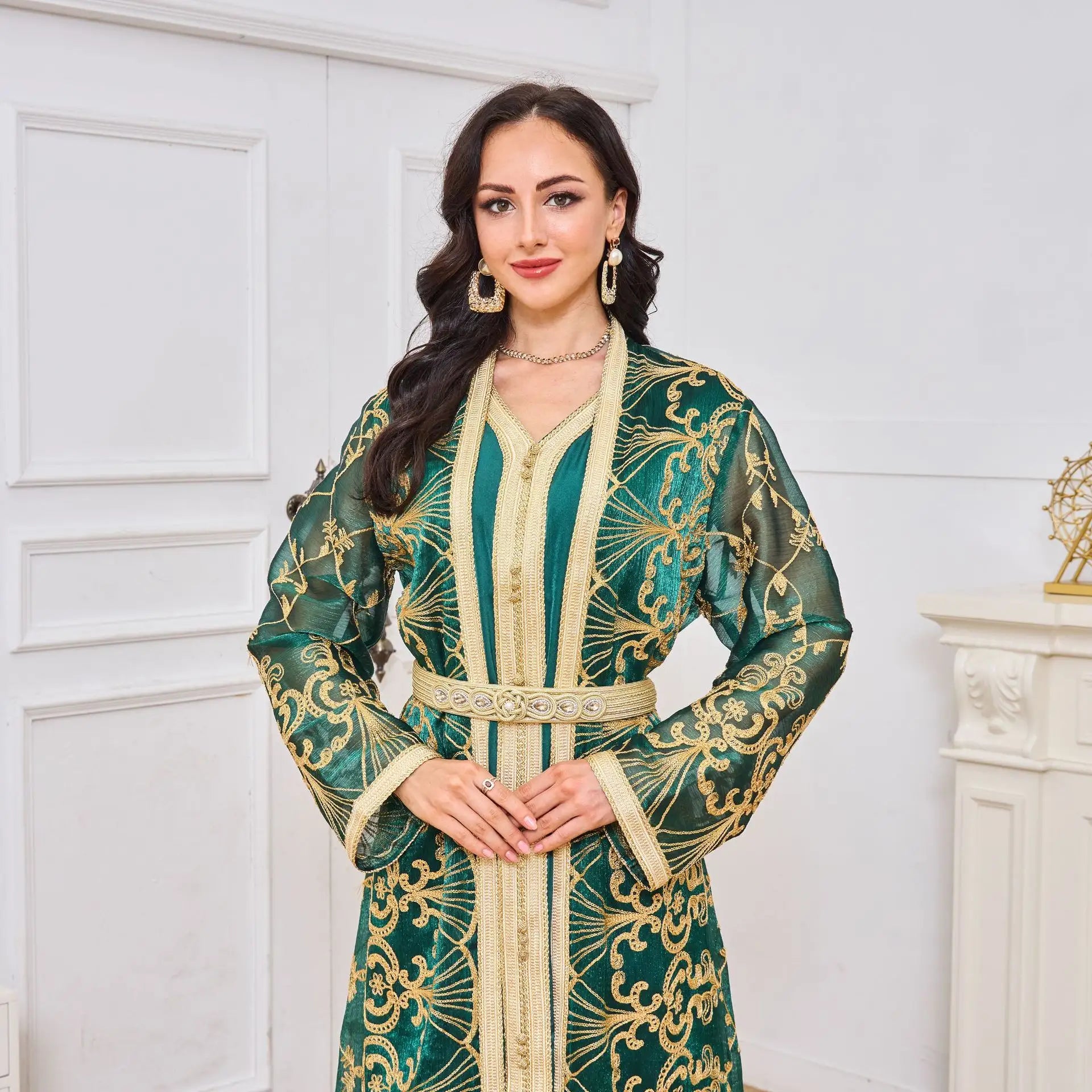 Moroccan Abaya Woman Muslim Dubai Luxury Mesh Belt Embroidery Kaftans 2 Piece Suit Islamic Long Dresses