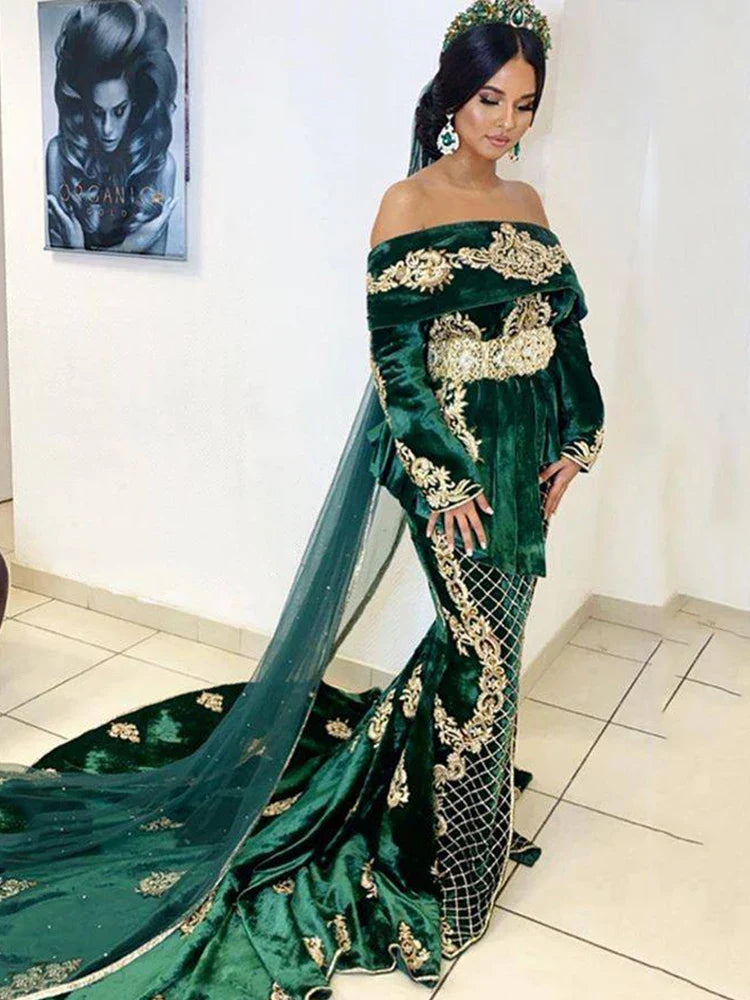 Caftan Evening Dresses Hunter Green Mermaid Prom Dress Off The Shoulder Velvet Long Sleeve Evening Formal Party Dress Hunter green