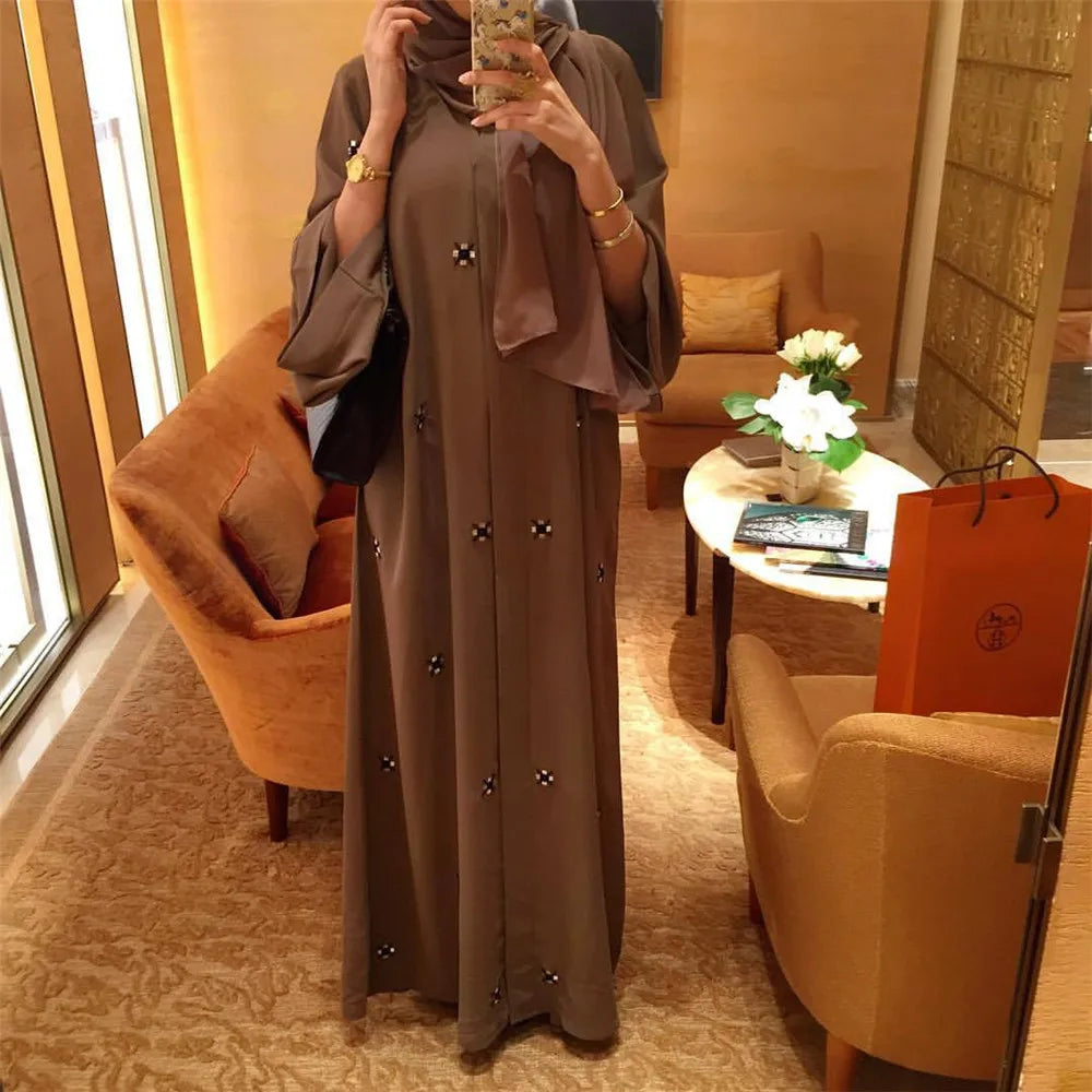 Muslim Women Abaya Long Maxi Dress Dubai Beads Kimono Turkish Open Cardigan Clothing Islam Ramadan Robe Eid Middle East Jalabiya