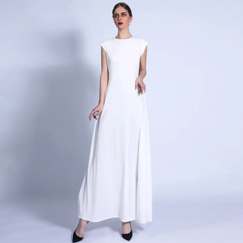 Muslim Women Lady Long Maxi Dress Sleeveless Underdress Slim Arabic Abaya Robe Ramadan Kaftan Turkish Dubai Clothing Middle East 01 White