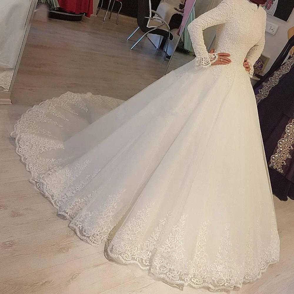 White Arabic Muslim Wedding Dresses Princess High Neck Long Sleeves Lace Appliques Bridal Dresses Robe De Mariage WHITE