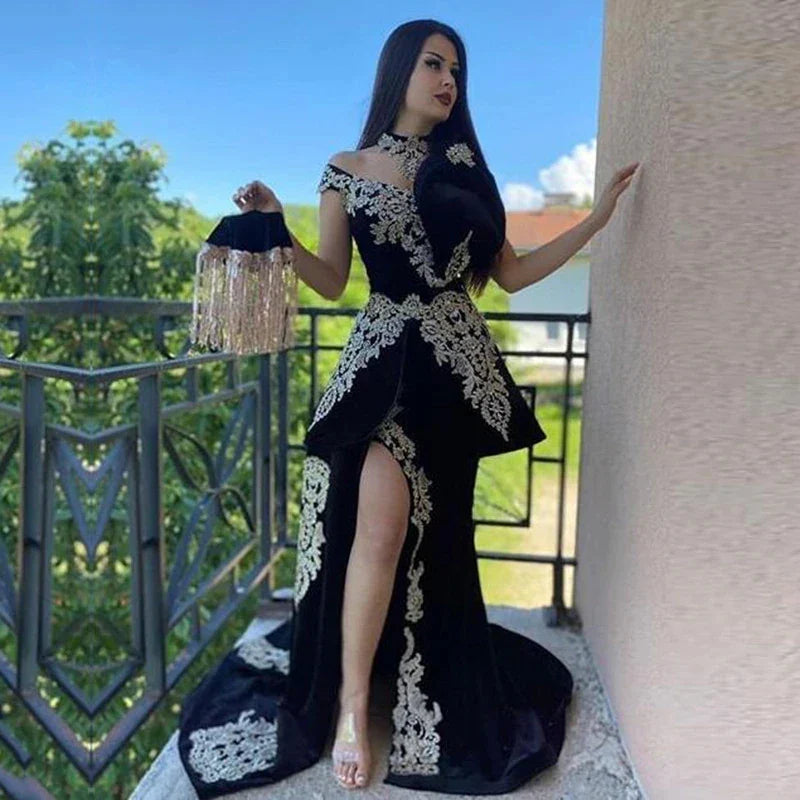 Elegant Moroccan Kaftan Evening Gowns Black Algerian Outfit Party Dress Appliques Lace Velvet Dubai Gown Detachable Train Black