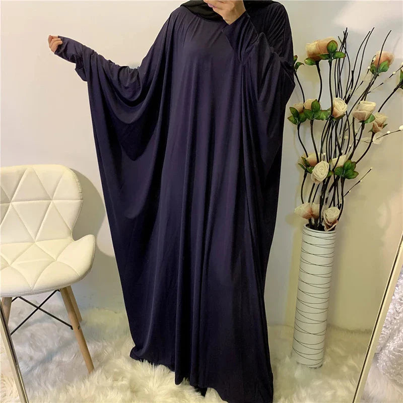 Ramadan Plain Abaya Prayer Long Dress Muslim Women Batwing Sleeve Free Size Hijab Robe Jilbab Islamic Dubai Saudi Modest Kaftan navy blue abaya One Size