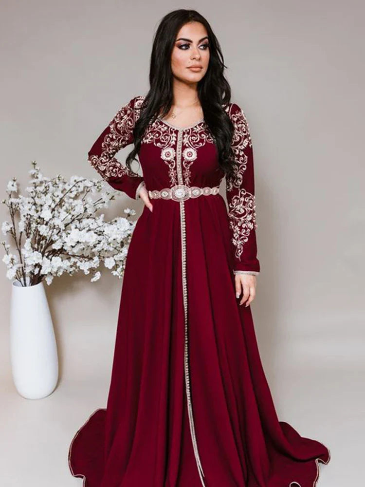 Morocco Caftan Evening Dresses V Neck 3D Flowers Outfit Dubai Prom Dress Velvet Long Sleeve Formal Evening Party Dress Burgundy