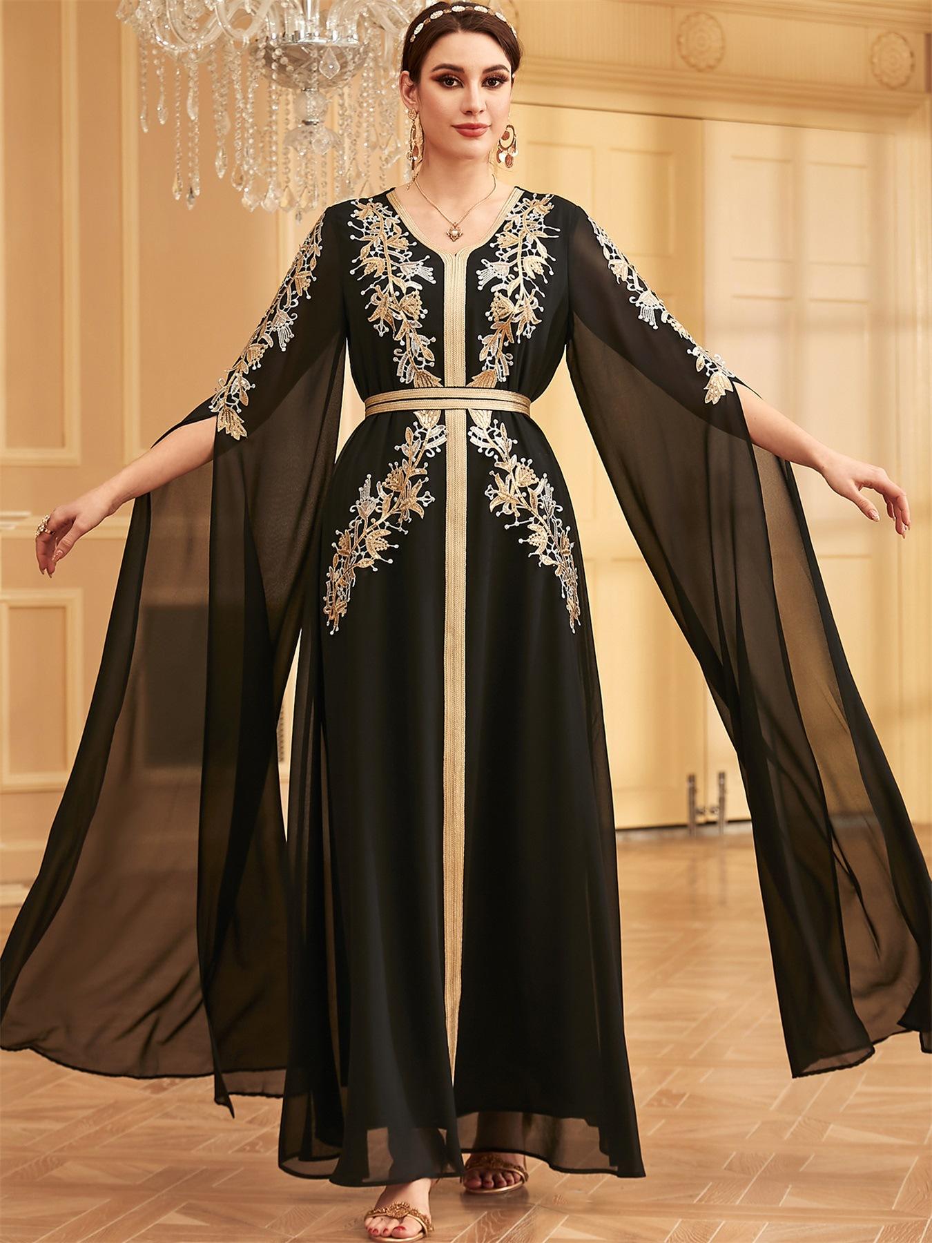 Dubai Fashion Elegant Super Long Sleeve Black Long Dresses Sequins Appliques Belted Party Abayas Arab Saudi Women Robe