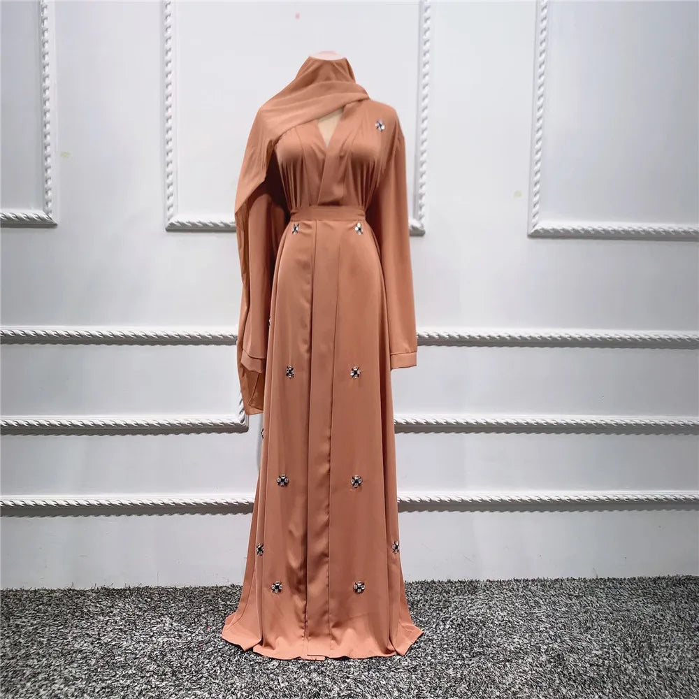 Muslim Women Abaya Long Maxi Dress Dubai Beads Kimono Turkish Open Cardigan Clothing Islam Ramadan Robe Eid Middle East Jalabiya