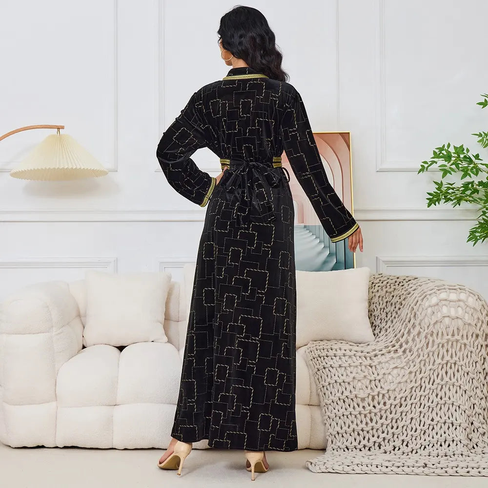 Autumn Winter Velvet Black Long Dress Gold Stamping Long Sleeve V Collar Belted Abaya Jalabiyat Moroccan Dubai Kaftan