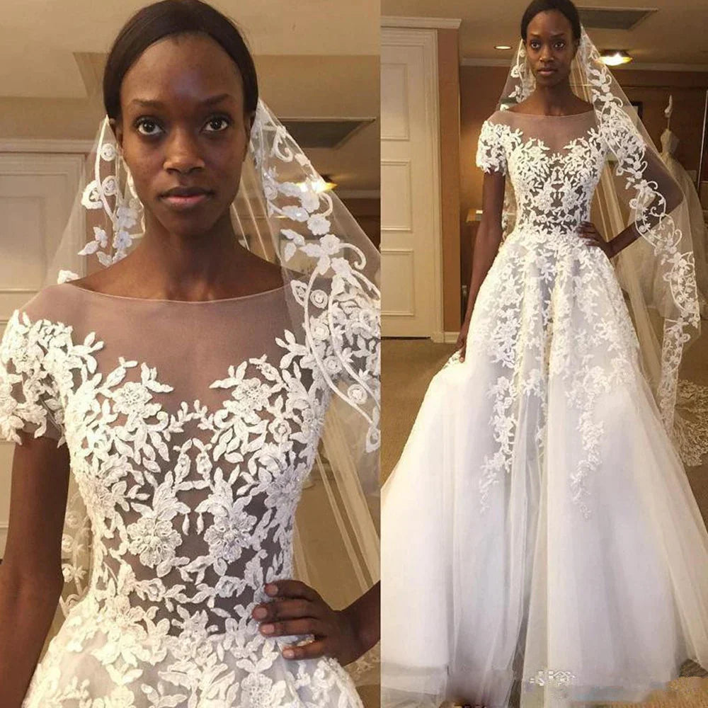 Vintage African Lace Wedding Dresses vestido de noiva Black Girls Women A Line Sheer Wedding Gowns Custom Made Bride Dress 100Cm