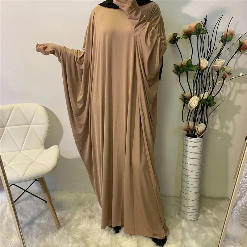 Ramadan Plain Abaya Prayer Long Dress Muslim Women Batwing Sleeve Free Size Hijab Robe Jilbab Islamic Dubai Saudi Modest Kaftan tan abaya One Size