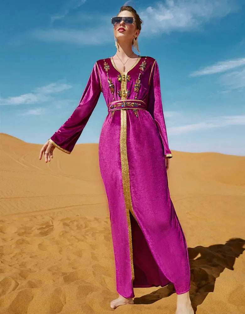 Winter Luxury Party Dresses Kaftan Abaya Women Velvet Handsewn Diamonds Muslim Dubai Jalabiya Arab Saudi Evening Gown Long Dress rose- red dress