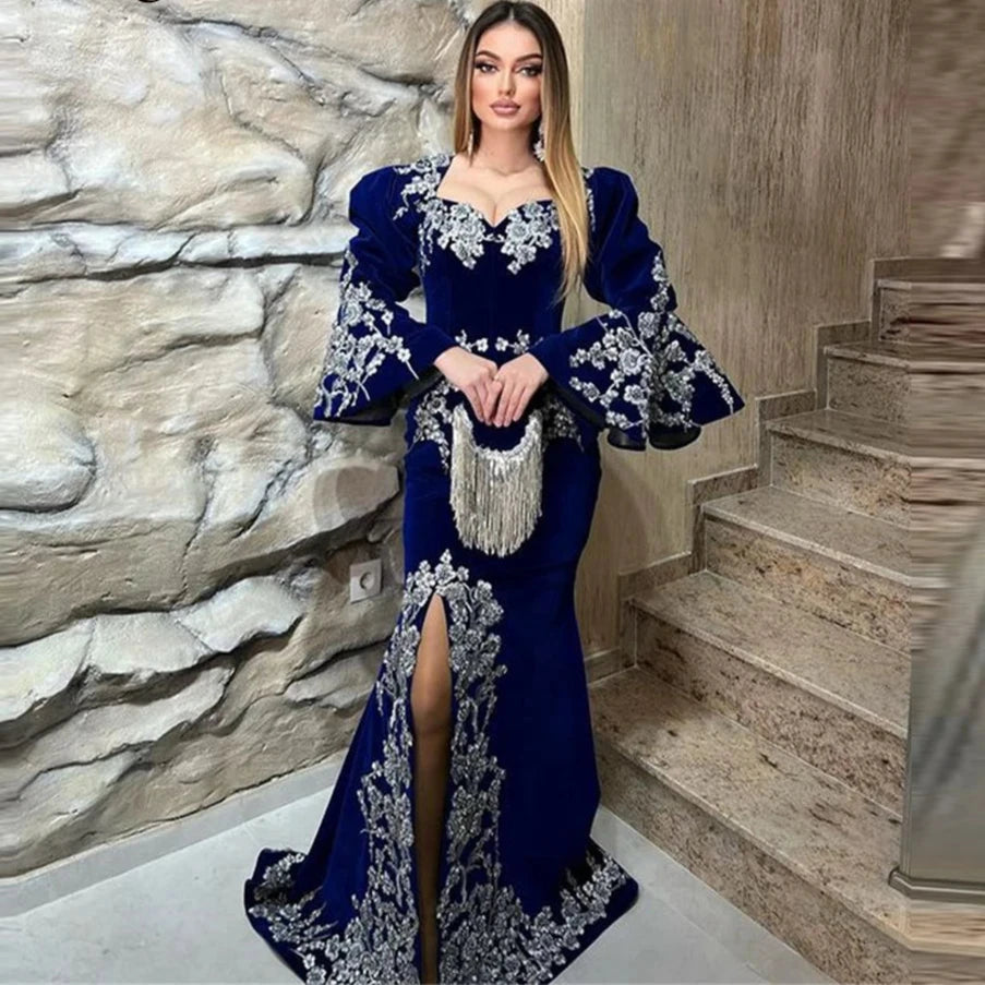 Dubai Kaftan Velvet Royal Blue Evening Dresses Mermaid Long Sleeves Applique Side Slit Arabic Women Formal Prom Dress