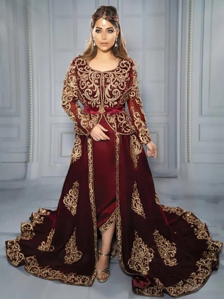 Algerian Caftan Burgundy Formal Evening Dresses Velvet Special occasion Dresses Lace Appliques Outfit Prom Party Gowns