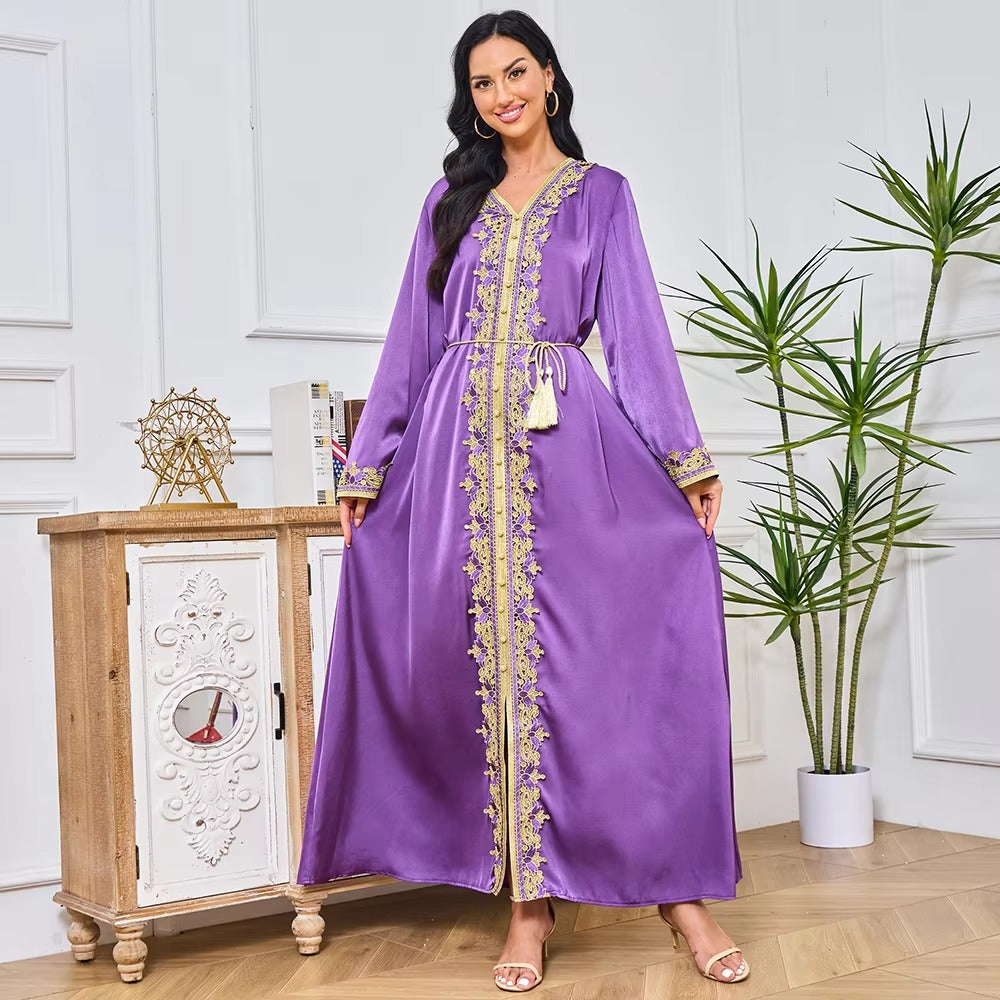 Abayah For Women 2023 Dubai Chic Solid Full Sleeve V-Neck Belted Clothing Elegant Casual Moroccan Long Dress