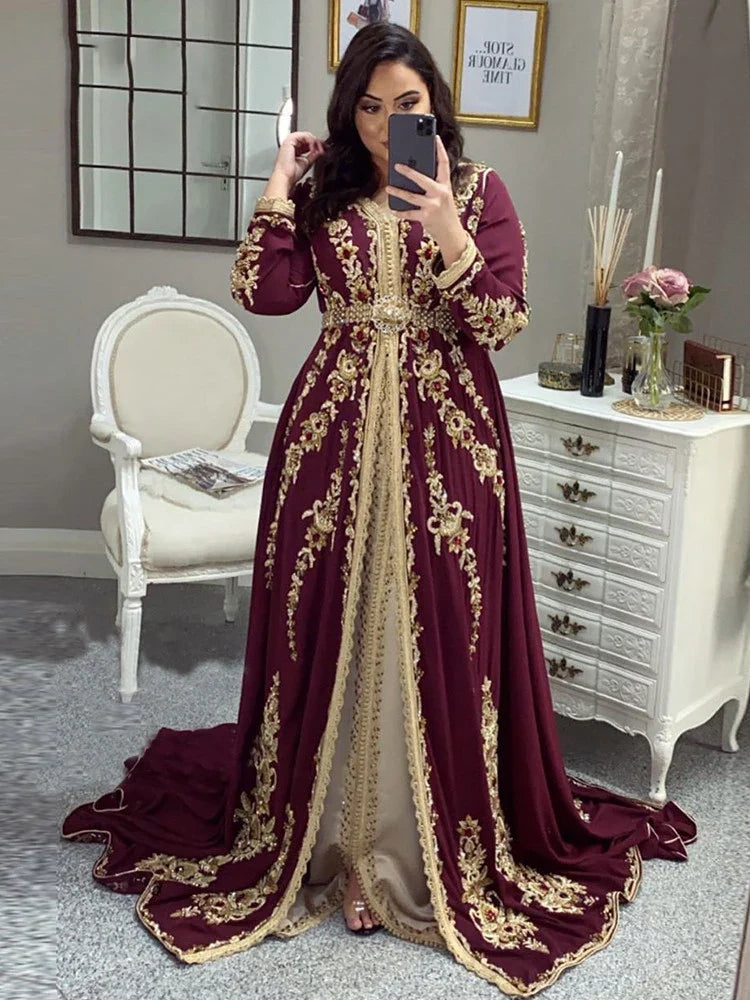 Elegant Moroccan kaftan Evening Dresses Burgundy Embroidery Beading Women Party Wear Formal Gowns Kaftan Dress Plus Size