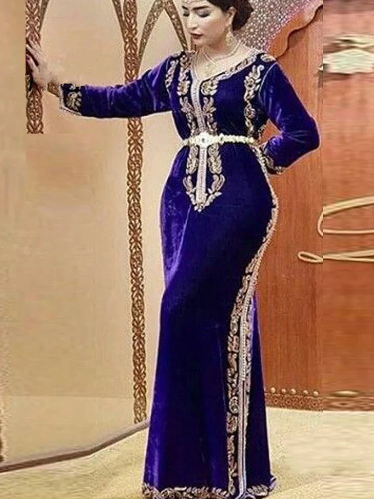 Royal Blue Moroccan Kaftan Muslim Evening Dresses Formal Velvet Gold Lace Mermaid Long Sleeves Formal Dubai Party Gowns