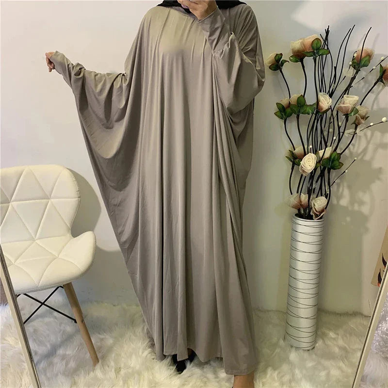 Ramadan Plain Abaya Prayer Long Dress Muslim Women Batwing Sleeve Free Size Hijab Robe Jilbab Islamic Dubai Saudi Modest Kaftan gray abaya One Size