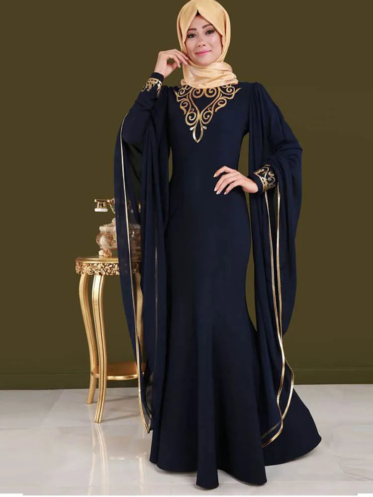 Mermaid Evening Dresses Moroccan Kaftan Dubai Arabic Long Sleeve Scarf Gold Applique Formal Gowns