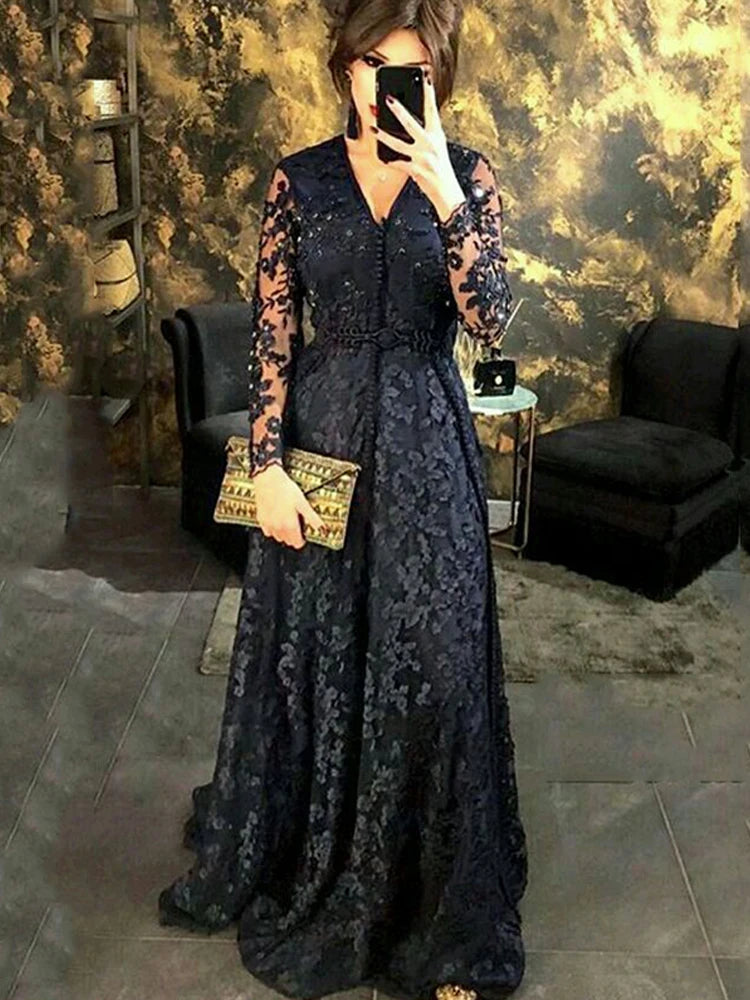 Black Lace Morocco Caftan Evening Dresses V Neck Long Sleeve Prom Dress Floor Length Formal Evening Party Dress Outfit