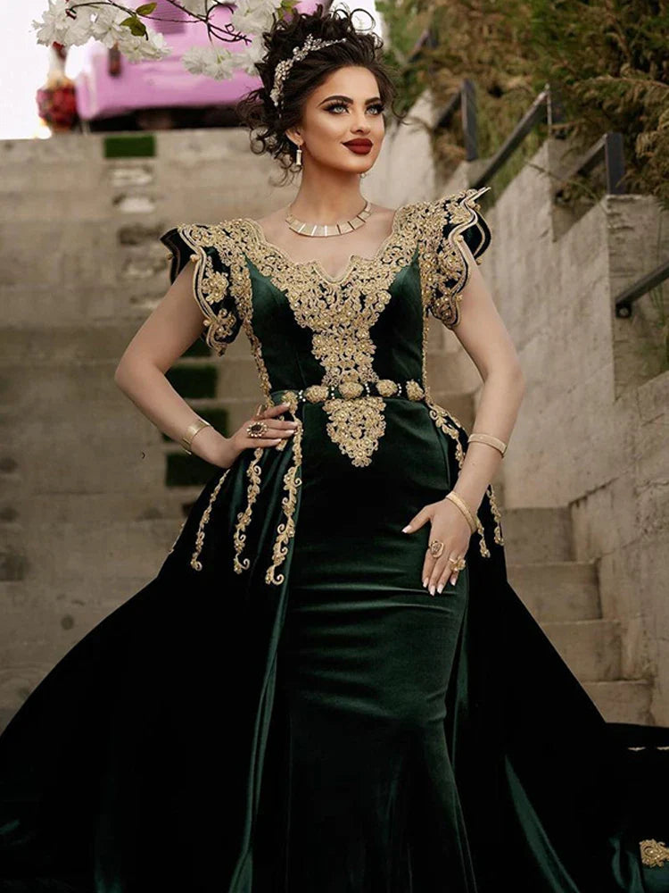 Hunter Green Moroccan Caftan Velvet Evening Dress Appliqued Lace Outfit Prom Gowns Dubai Arabic Women Party Dresses Hunter green