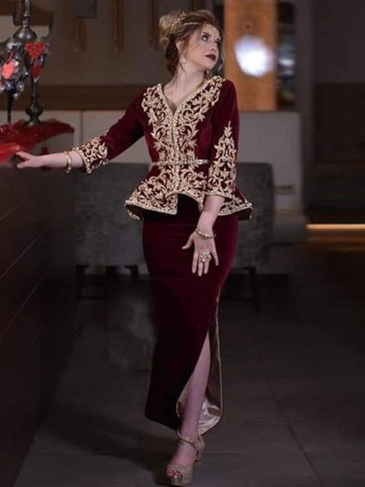 Burgundy Karakou Algerian Caftan Mermaid Evening Dresses 3/4 Long Sleeve Lace Prom Dress Morocco Party Gowns