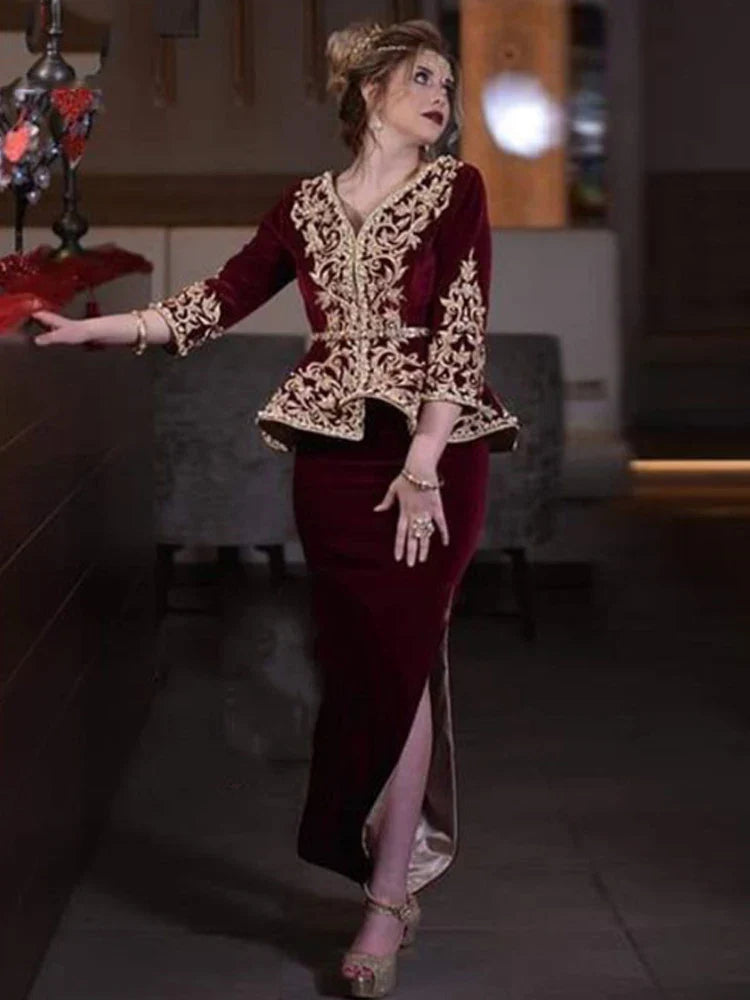 Burgundy Karakou Algerian Caftan Mermaid Evening Dresses 3/4 Long Sleeve Lace Prom Dress Morocco Party Gowns Burgundy