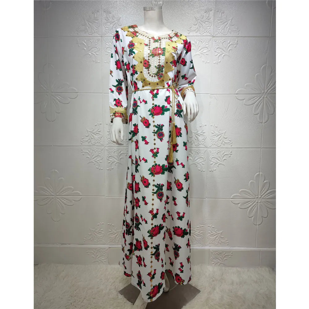 Moroccan Muslim Abaya Floral Print Women Long Maxi Dress Turkey Arab Dubai Eid Party Femme Ramadan Kaftan Jalabiya Vestidos Gown 01 White